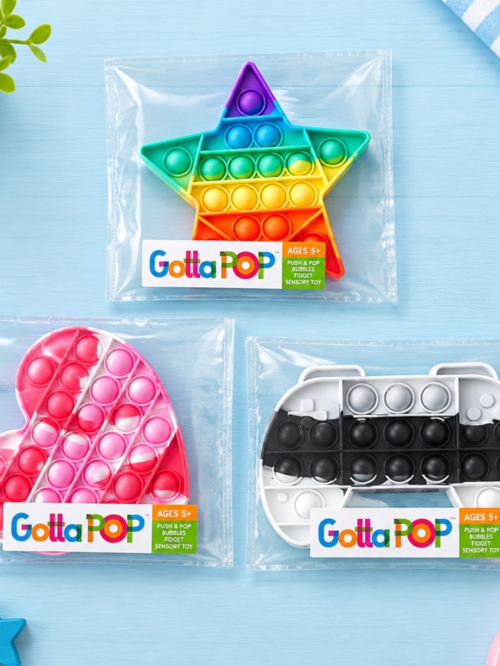 Rainbow Star, Heart, and Controller Push Pop Bubble Fidget Toy - Multicolor